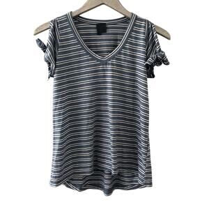 Anthropologie Left of Center Tie Cuff Tee Shirt Blue Striped NEW
